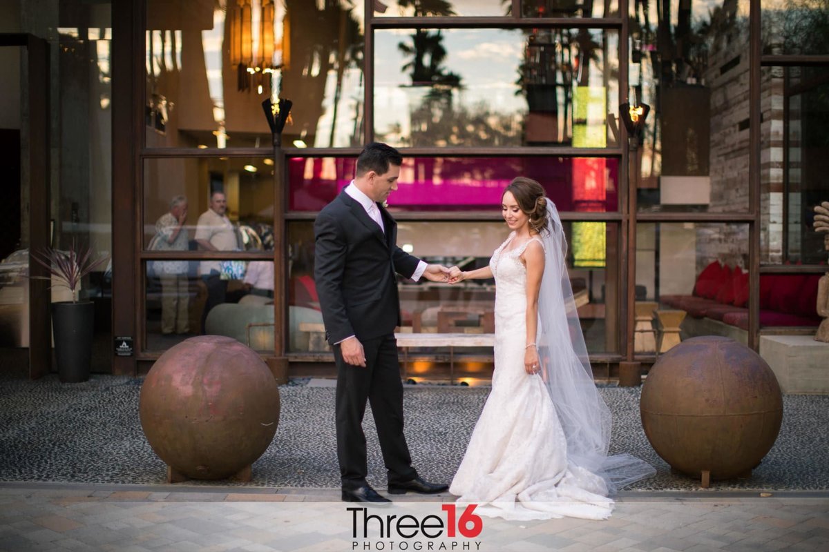 Bride and Groom prepare to pose for the camera