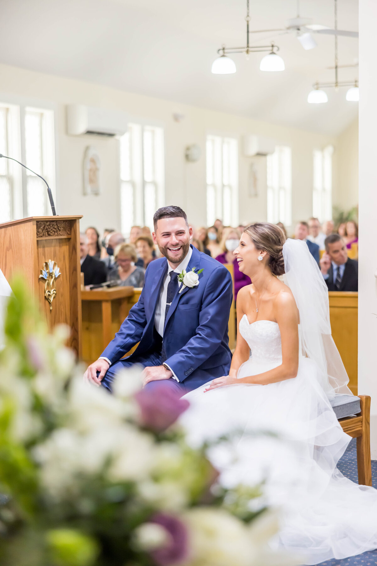 cape cod white chapel wedding couple