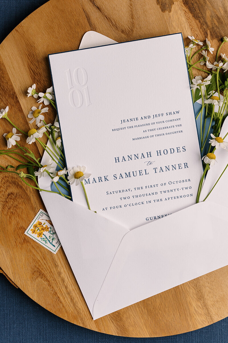 Modern blind press logo wedding invitation