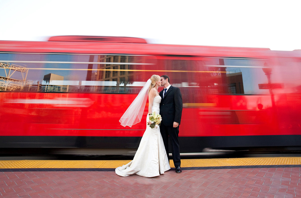 Downtown San Diego wedding photos urban trolley shot