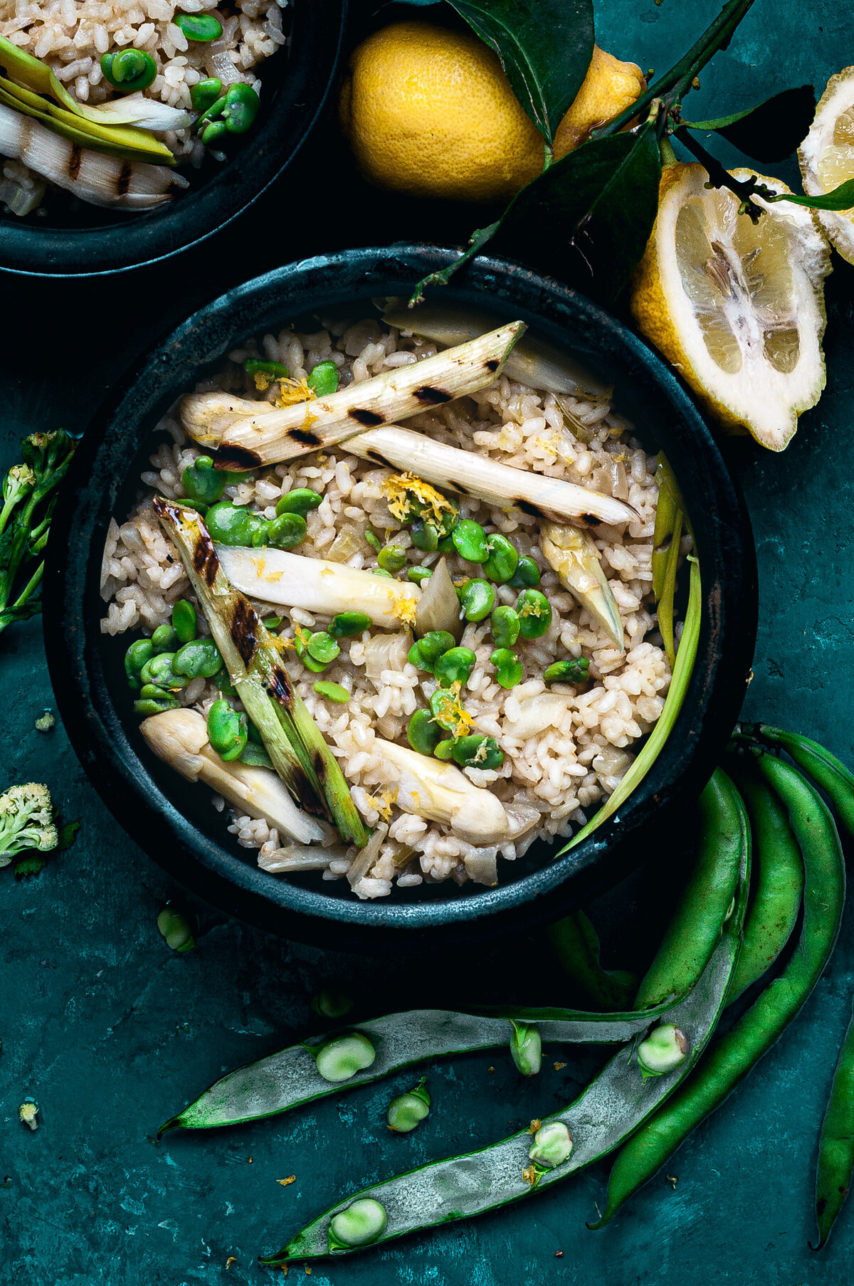 lemon risotto with sping vegetables and charred calcots_