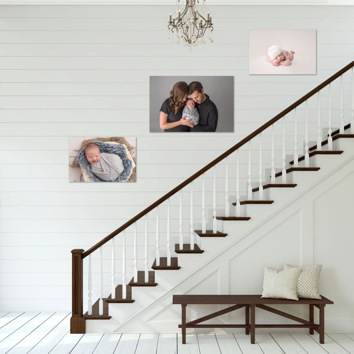 canvas on white wall above staircase