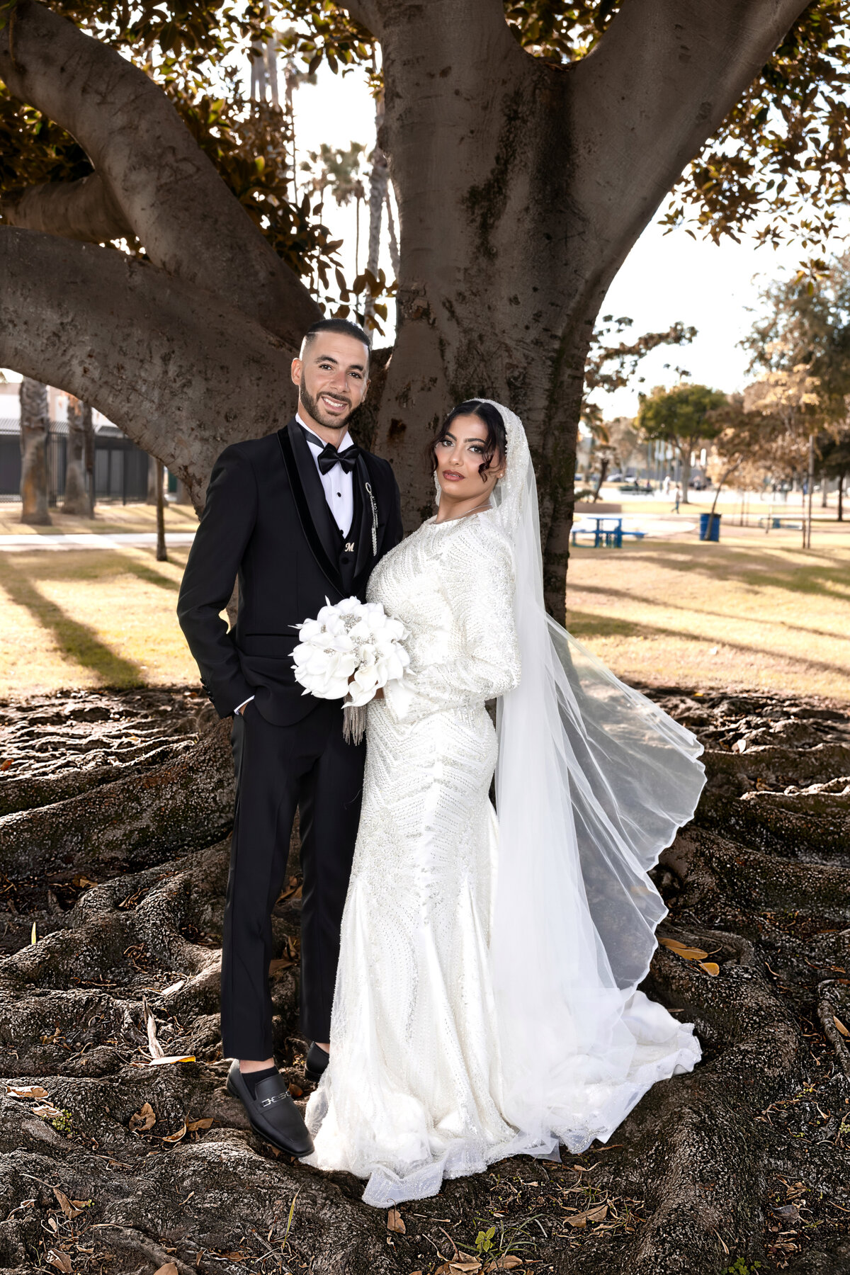 Classic Wedding Portrait Under Tree Roots – Los Angeles Bridal Photography