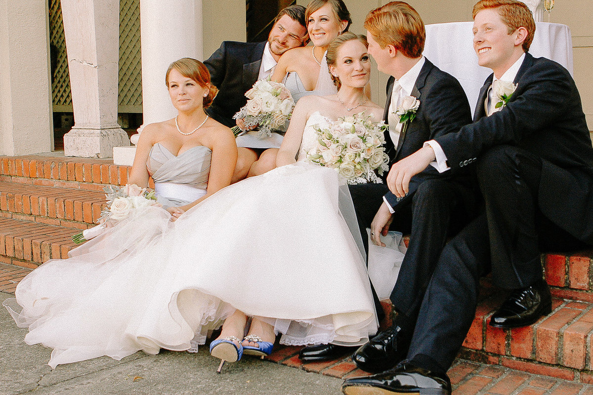 A casual wedding party portrait at Villa Montalvo in Saratoga