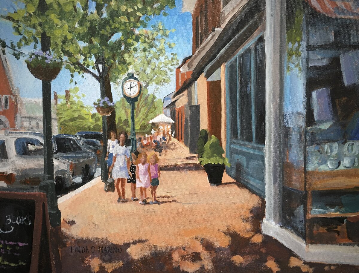 Painting of New Canaan downtown street in the springtime with mom and girls, with town clock behind them, 12 x 16" acrylic painting by Connecticut painter Linda Marino