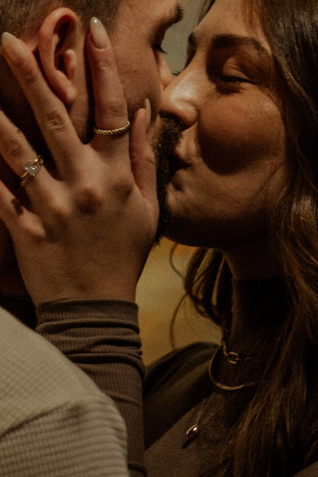 Close up of Engagement Couple Kissing 