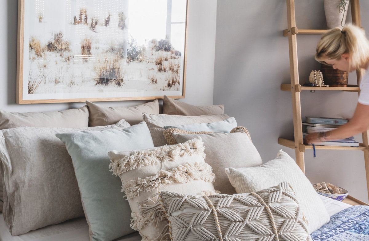 Amanda Wyeth Design| Moroccan Inspired Greek Islands Style Bedroom Throw Pillows