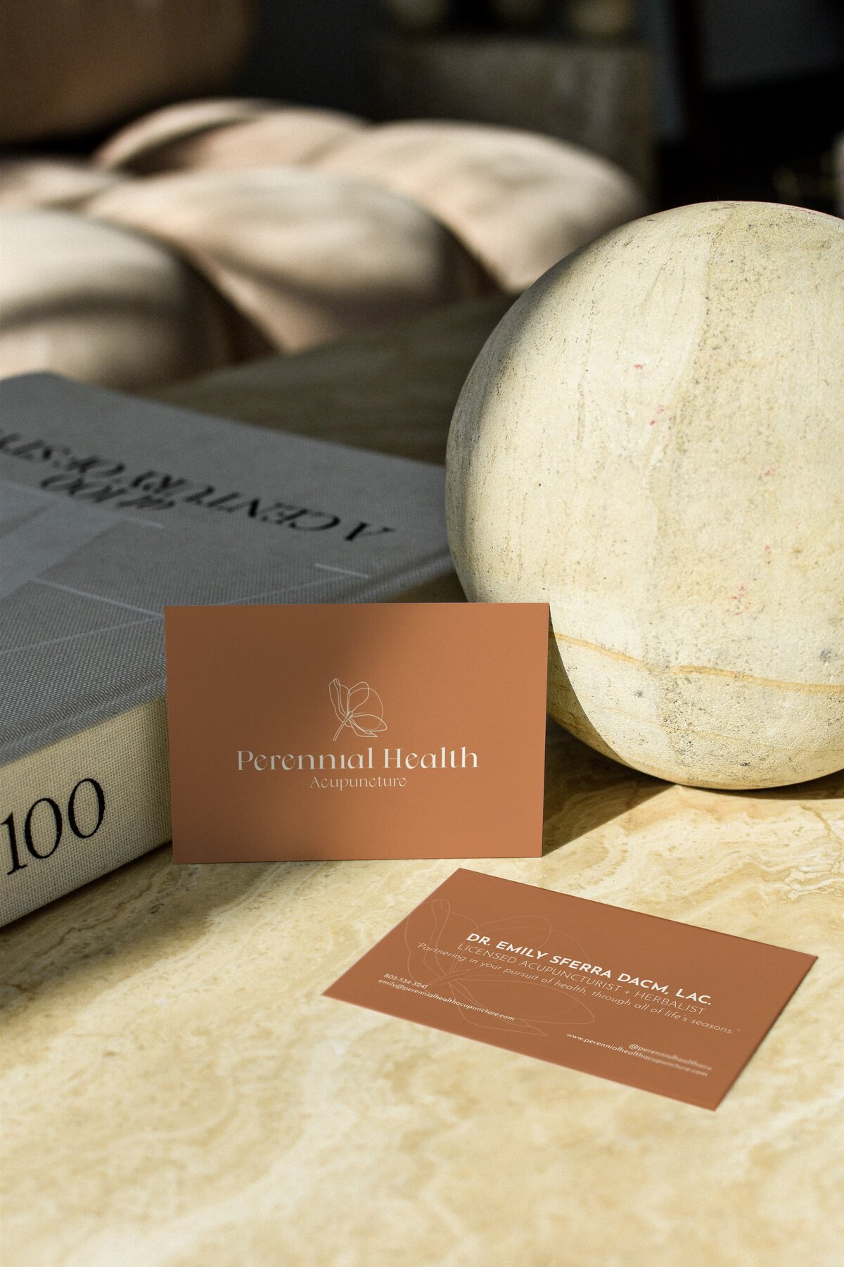 Earthy business card design for wellness business by Hanbury Design Co.