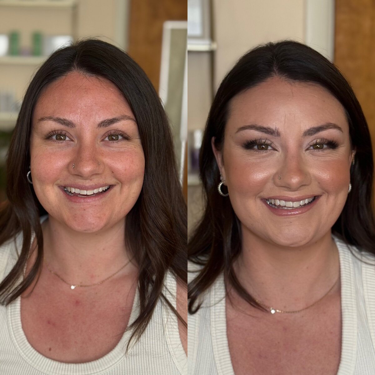 Before and after of a person wearing makeup, representing makeup lessons from Looks with Libby.