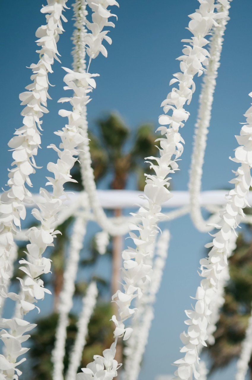 white orchid strands hanging from chuppah