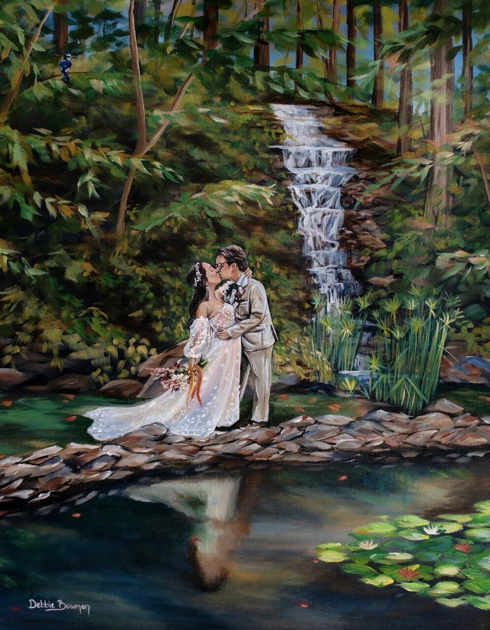 Couple in front of a waterfall at Lions Gate Manor in Spartanburg, live painted by Debbie Bowman Art
