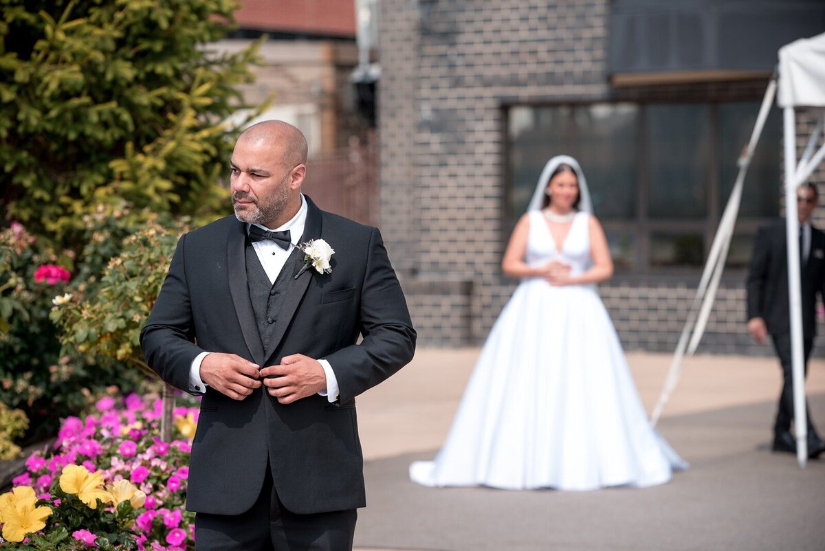 First Look during wedding at Giando with Latino couple taken by a Latino brooklyn photographer.
