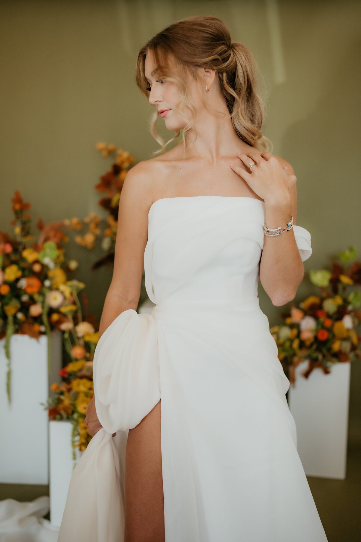 bride in studio with floral arrangements, canyon texas wedding photography, , Emily wheeler photography