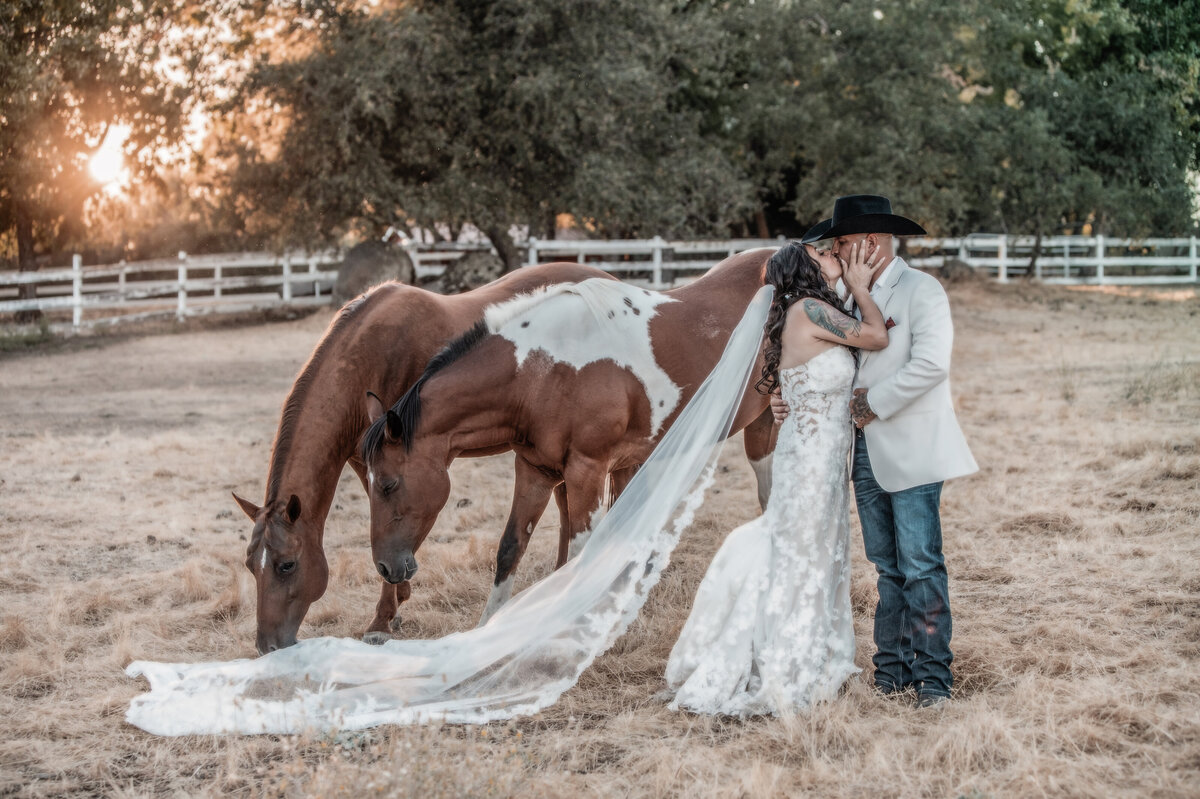 bride and groom kissing with horses