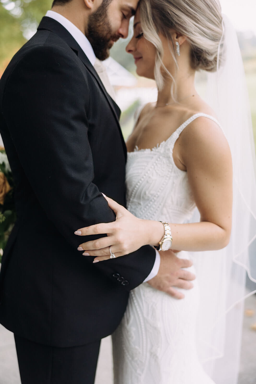Bride and groom with heads together at  Finger Lakes Wedding, NY