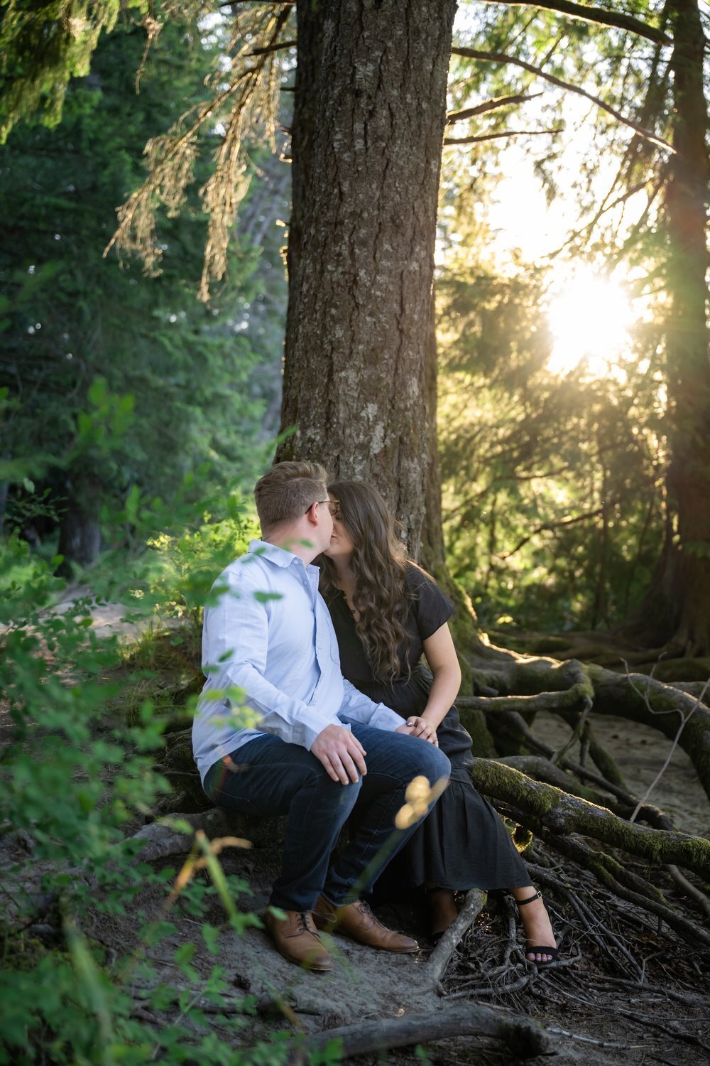 seattle forest trail engagement photos on tree roots