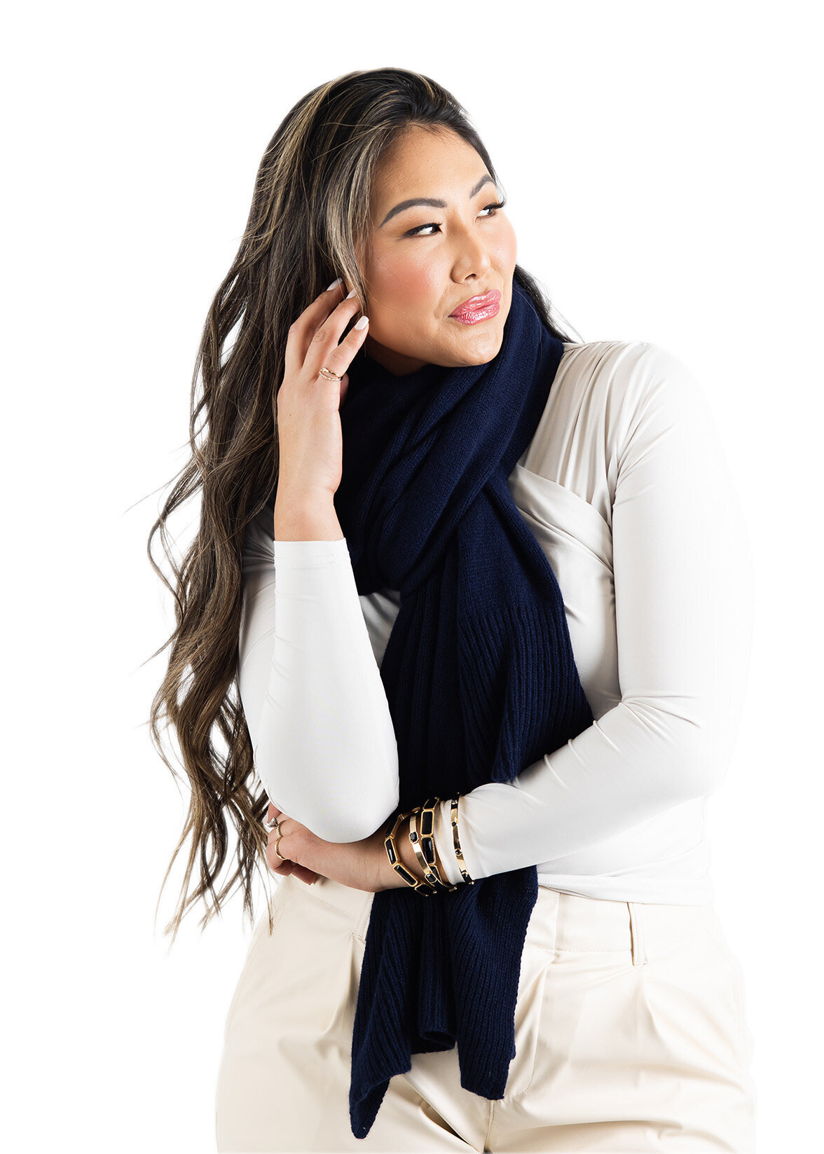 Bar Harbor Wrap Scarf Cashmere Heidi Hennessy Navy White Close Up 2