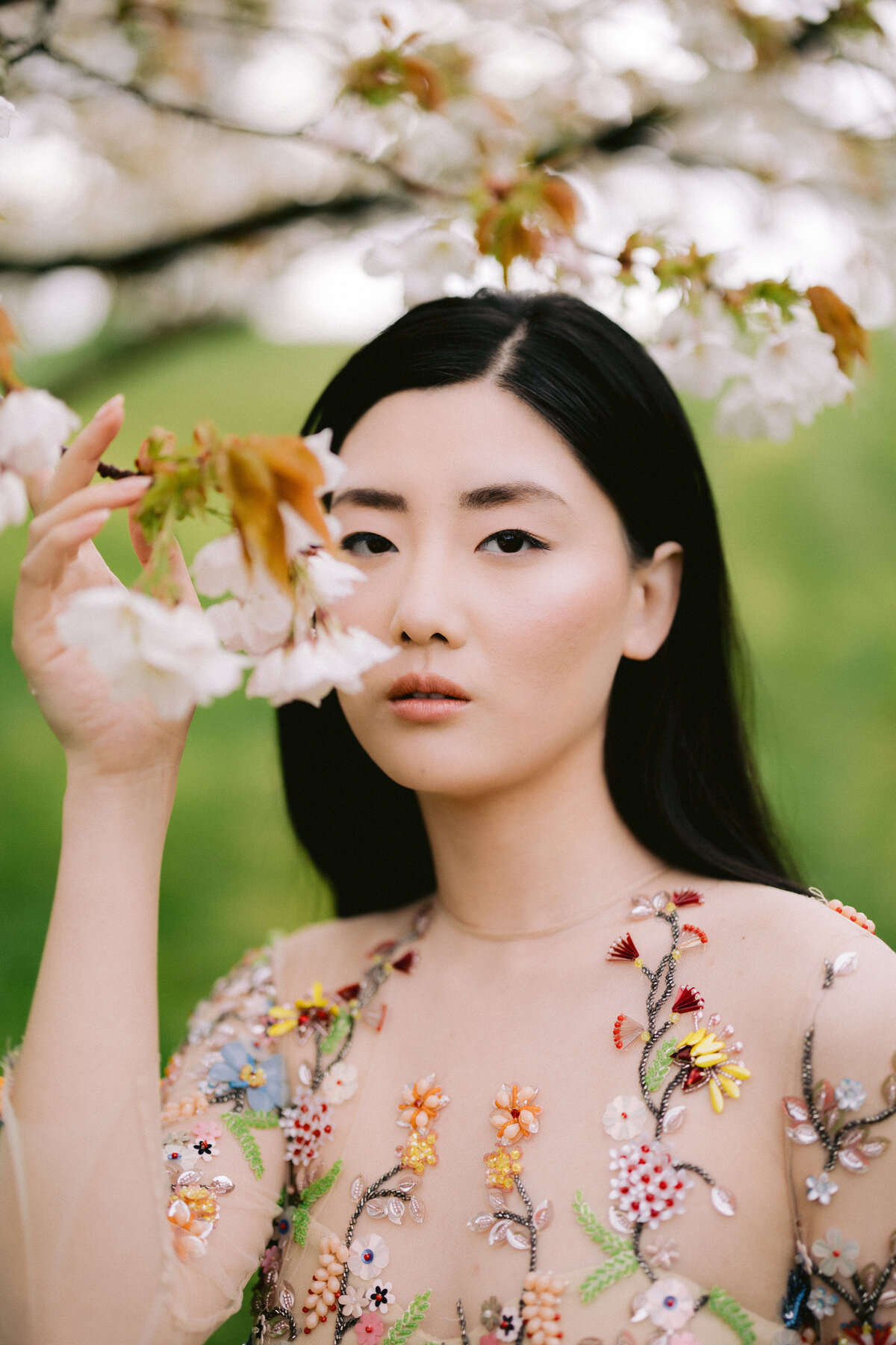 Asian Bride in Designer Gown under Cherry Blossoms - Hunter Hennes Photography_0001
