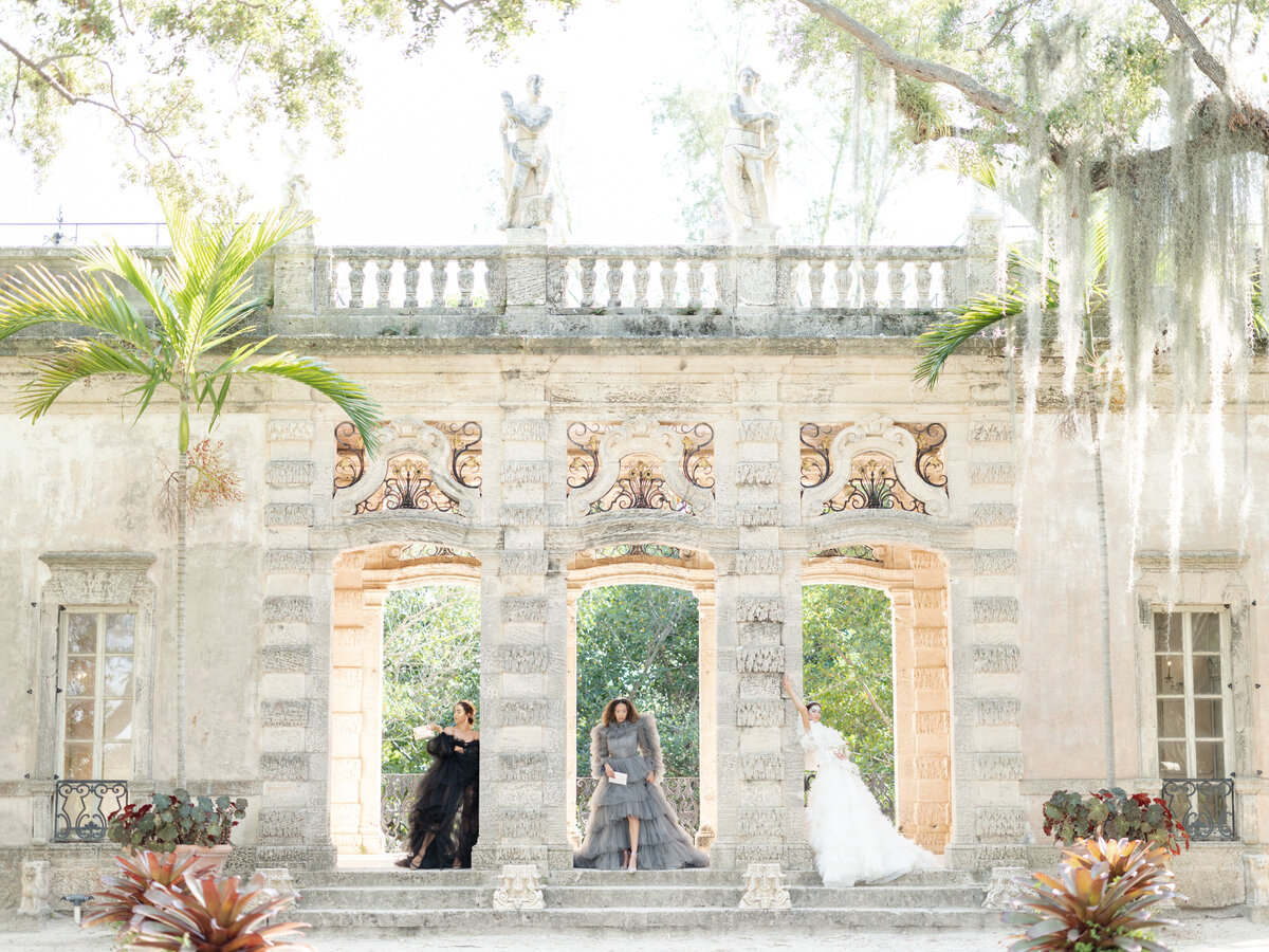 Luxury bride and groom in front of castle