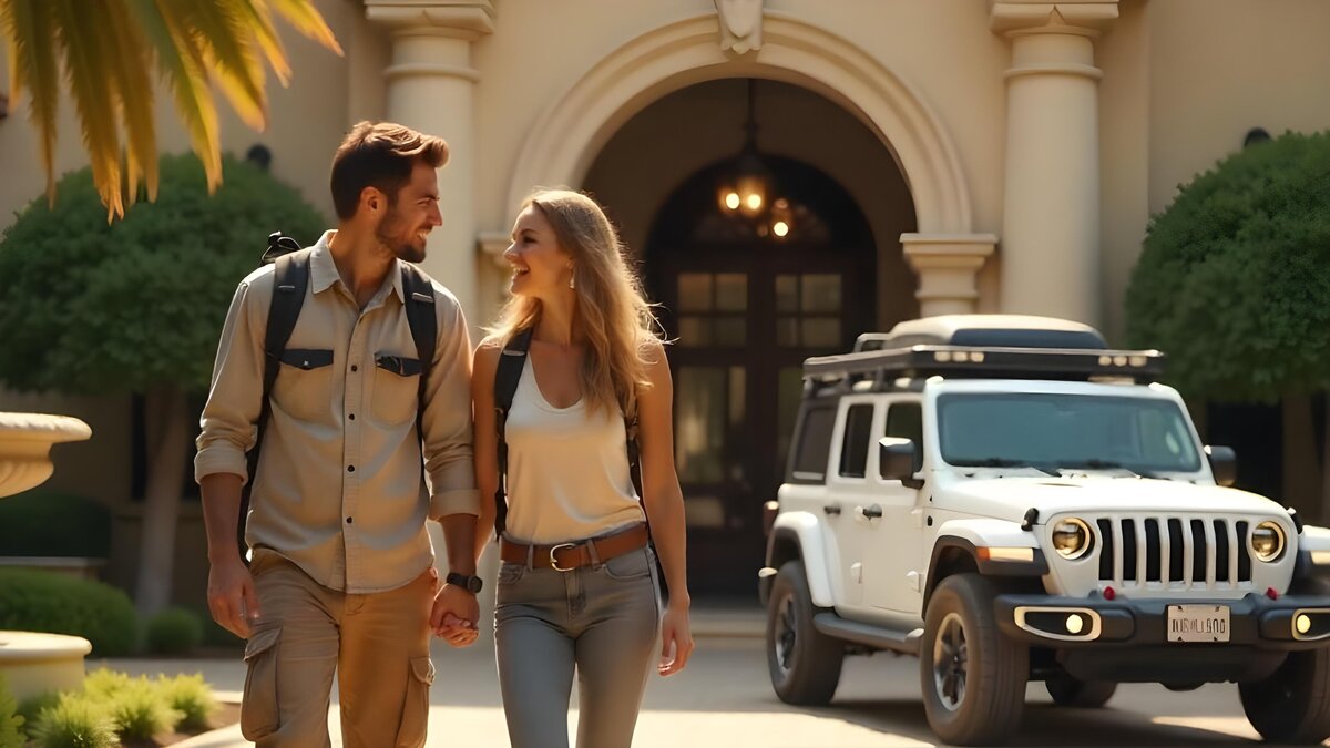 A stylish couple walking hand-in-hand outside a luxury resort, with a fully-equipped Jeep parked nearby, symbolizing a seamless blend of five-star comfort and rugged adventure travel.
