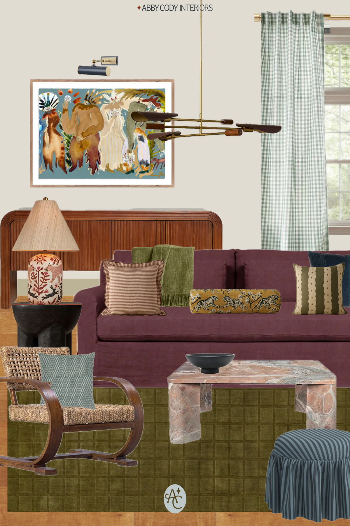 funky eclectic layered bedroom with purple olive and blue teal accents, marble coffee table, blue purple living room, vintage furniture, lulu and georgia style, blue gingham curtains, living room moodboard, anthropologie home, cool chandelier in living room, blue striped ottoman