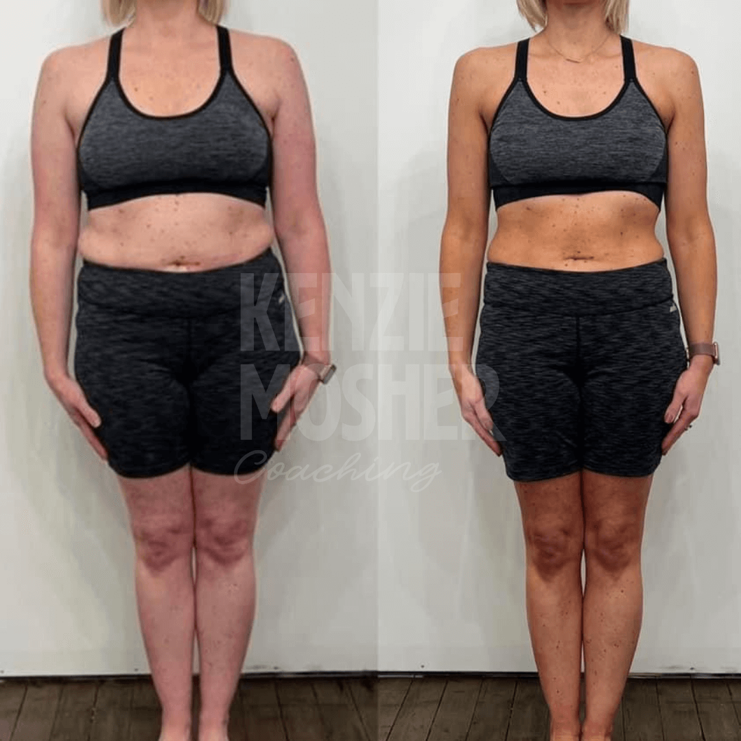 Client’s before and after showing improved energy, digestion, and fat loss through personalized plan.