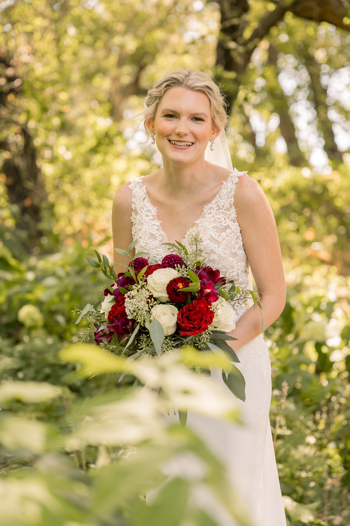 Bride at Gathered Oaks in Alexandria Minnesota on their wedding day