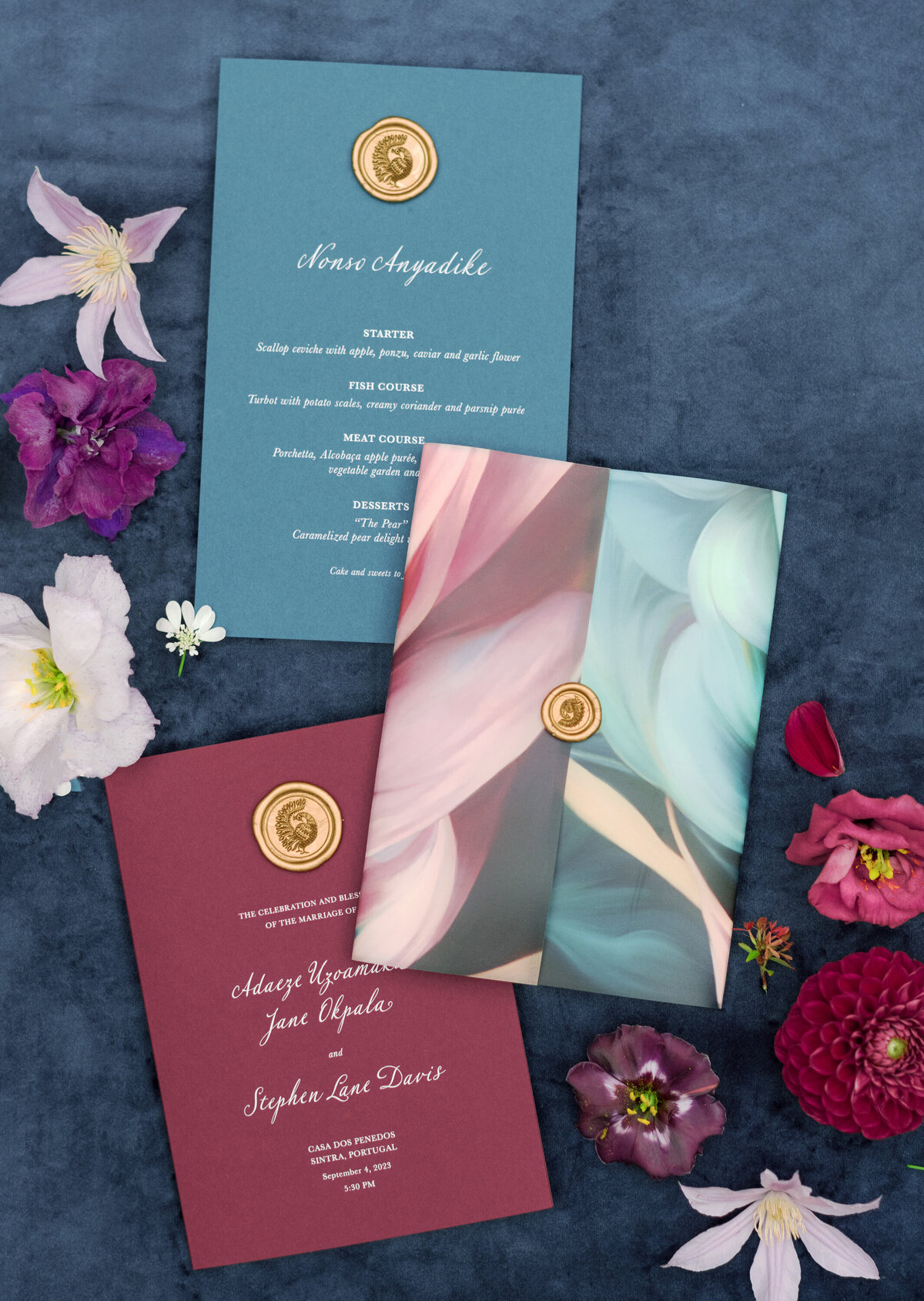 casa-dos-penedos-portugal-wedding-navy-blue-purple-ceremony-program-menu