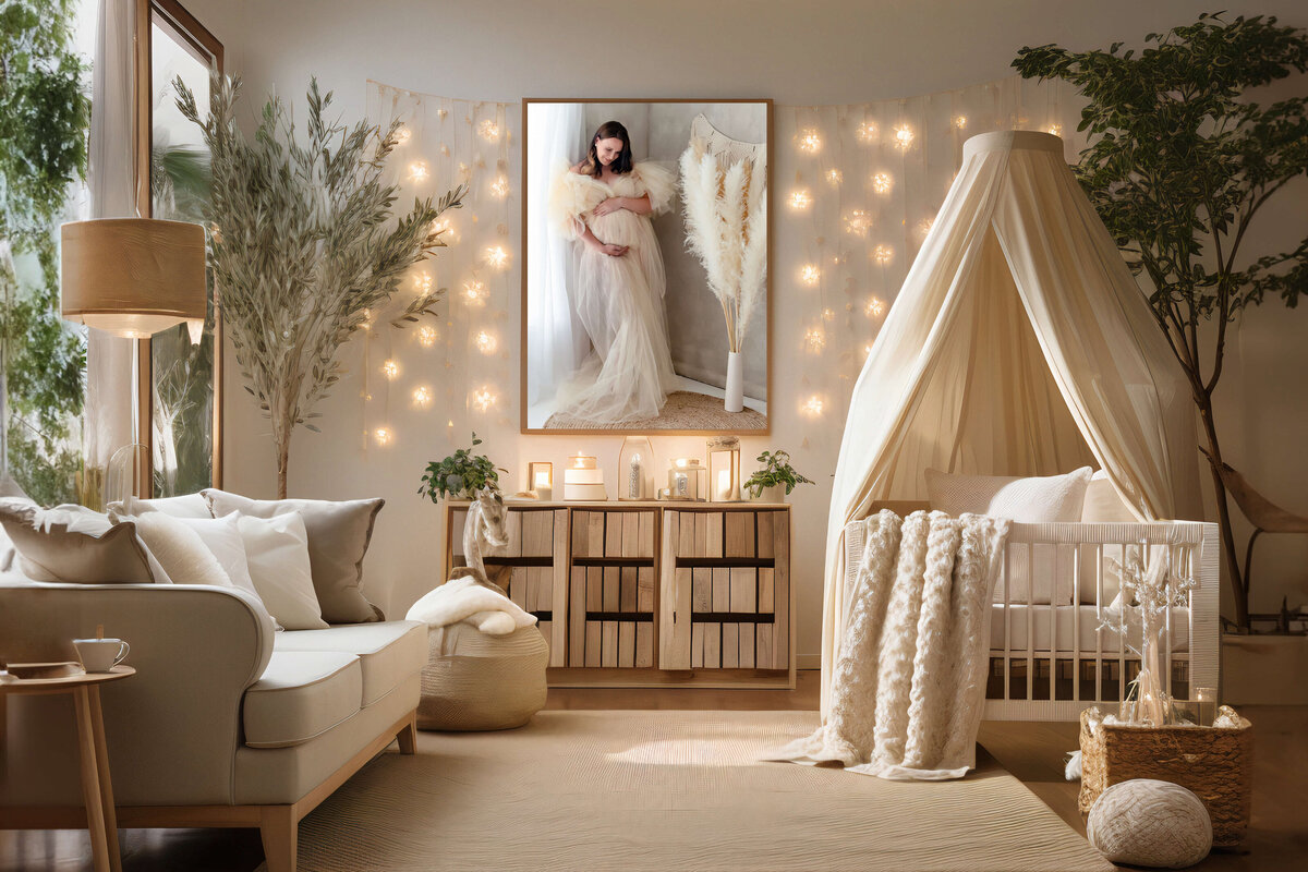 beige room with a framed photo of a pregnant woman in-studio at her Burlington, Ontario maternity photography session