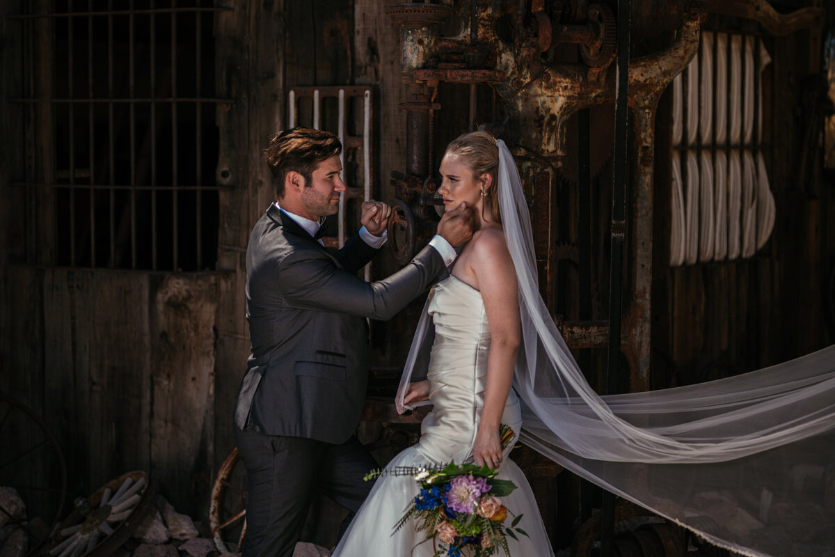 bride and groom with black tux touching brides face strapless wedding dress by las vegas wedding photographers mkdelacy photography