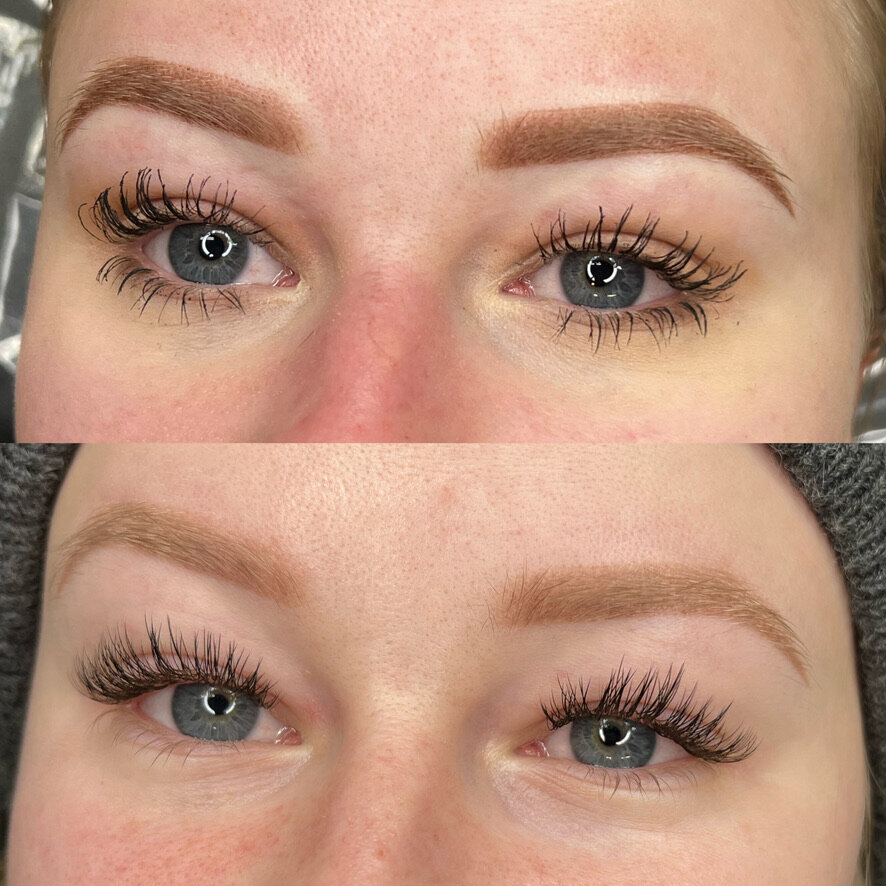Before and after photos of woman with healed powder brows.
