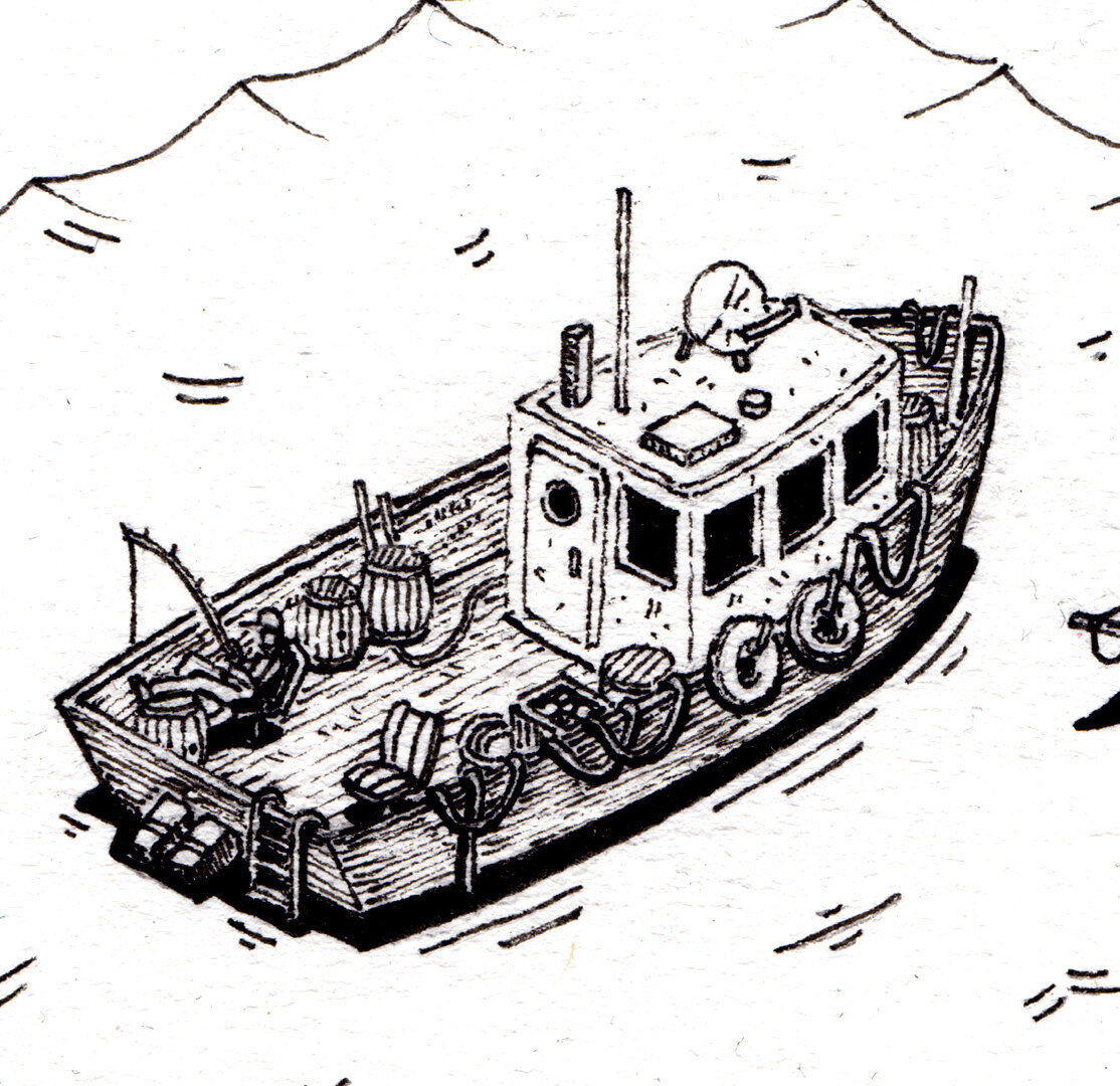 Detailed shot of the boat in the pen and ink illustration for Dive