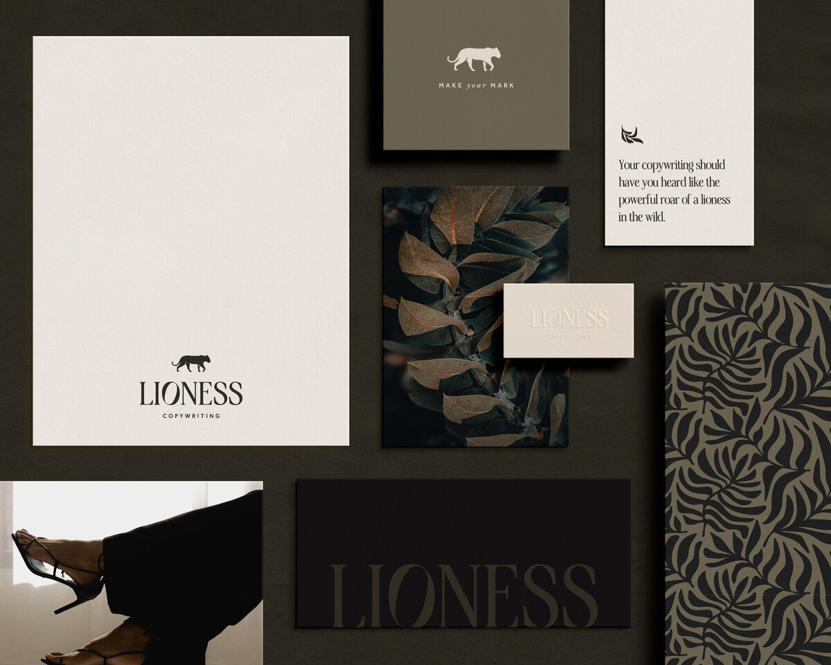 Branded print collateral mockups for copywriting studio
