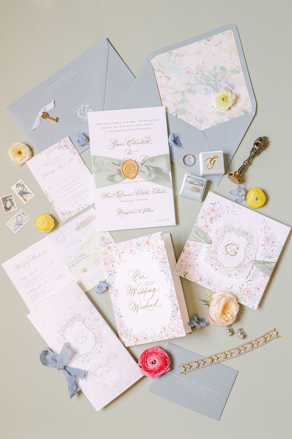 beautiful timeless wedding flatlay styled by luxury new york wedding photographer Ayenia Nour