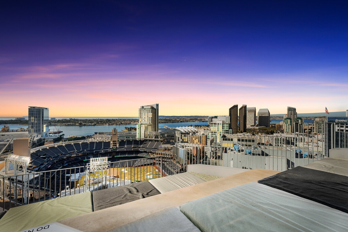 Twilight view of the Padres Stadium taken from the rooftop of the Icon building in downtown San Diego.