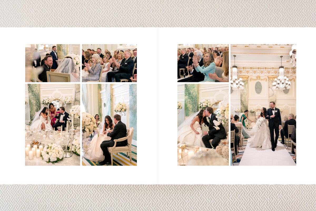 A collage of wedding photos captures joyful moments: a couple exchanging vows, guests applauding, family members sitting attentively, and the newlyweds sharing a kiss. The elegant venue is adorned with flowers and chandeliers.