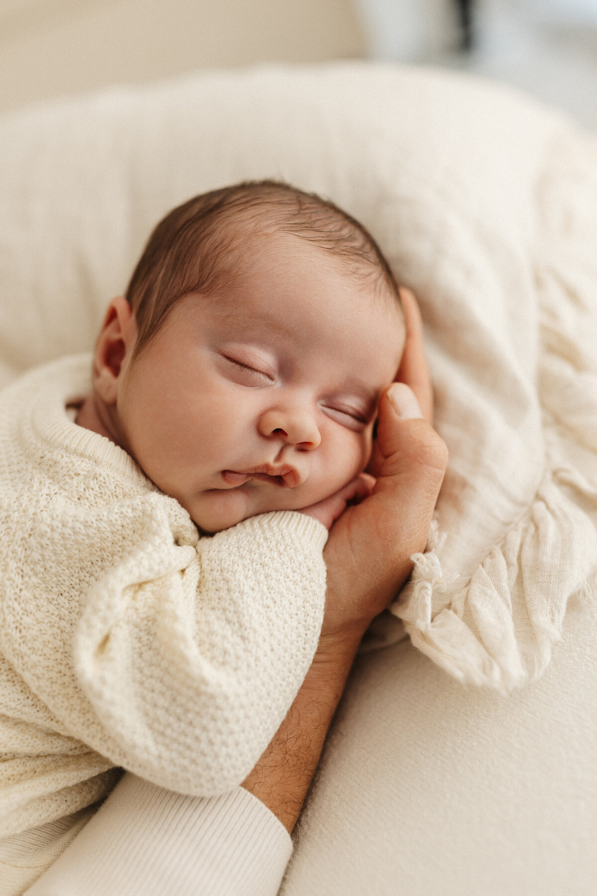 A newborn baby being held by a parents hand showing the size difference during a newborn photoshoot with christchurch professional photographer lucy jane