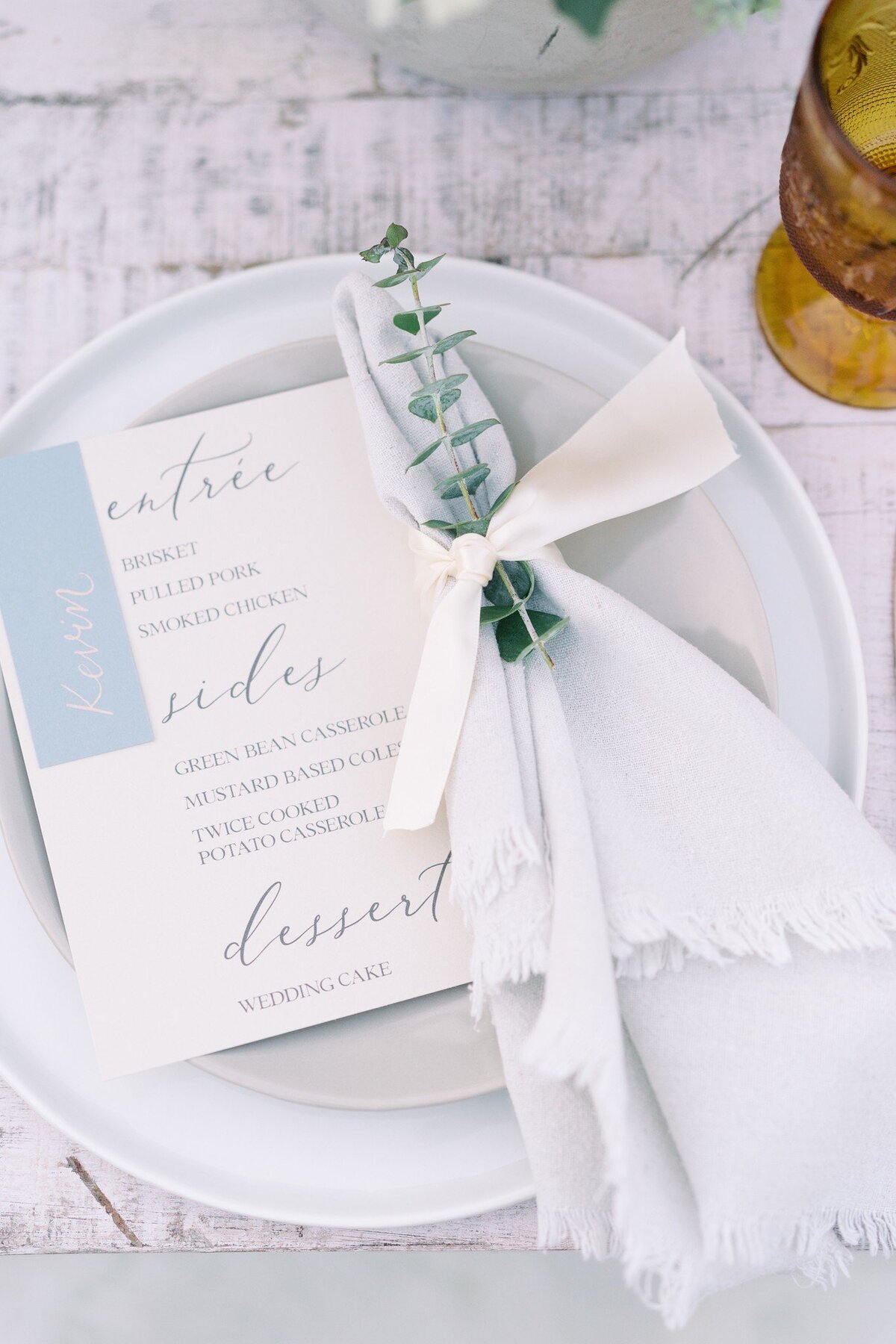 Wheat Menu with Pale Blue Calligraphy Placecard