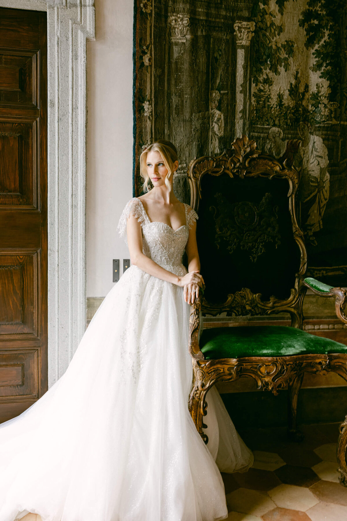 A wedding photo of a bride in her white wedding dress at Villa Balbiano on Lake Como in Italy
