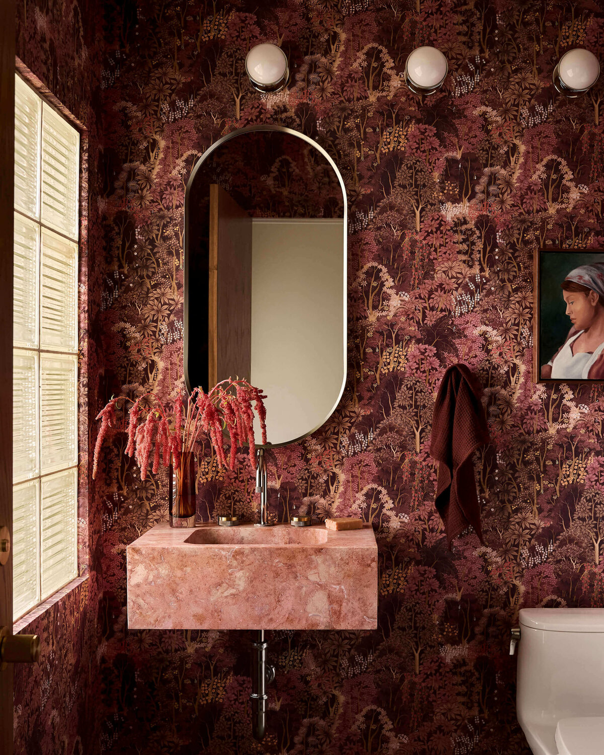 jewel-toned-powder-room-pink-marble-vanity-scenic-wallpaper-wilmington-interior-designer