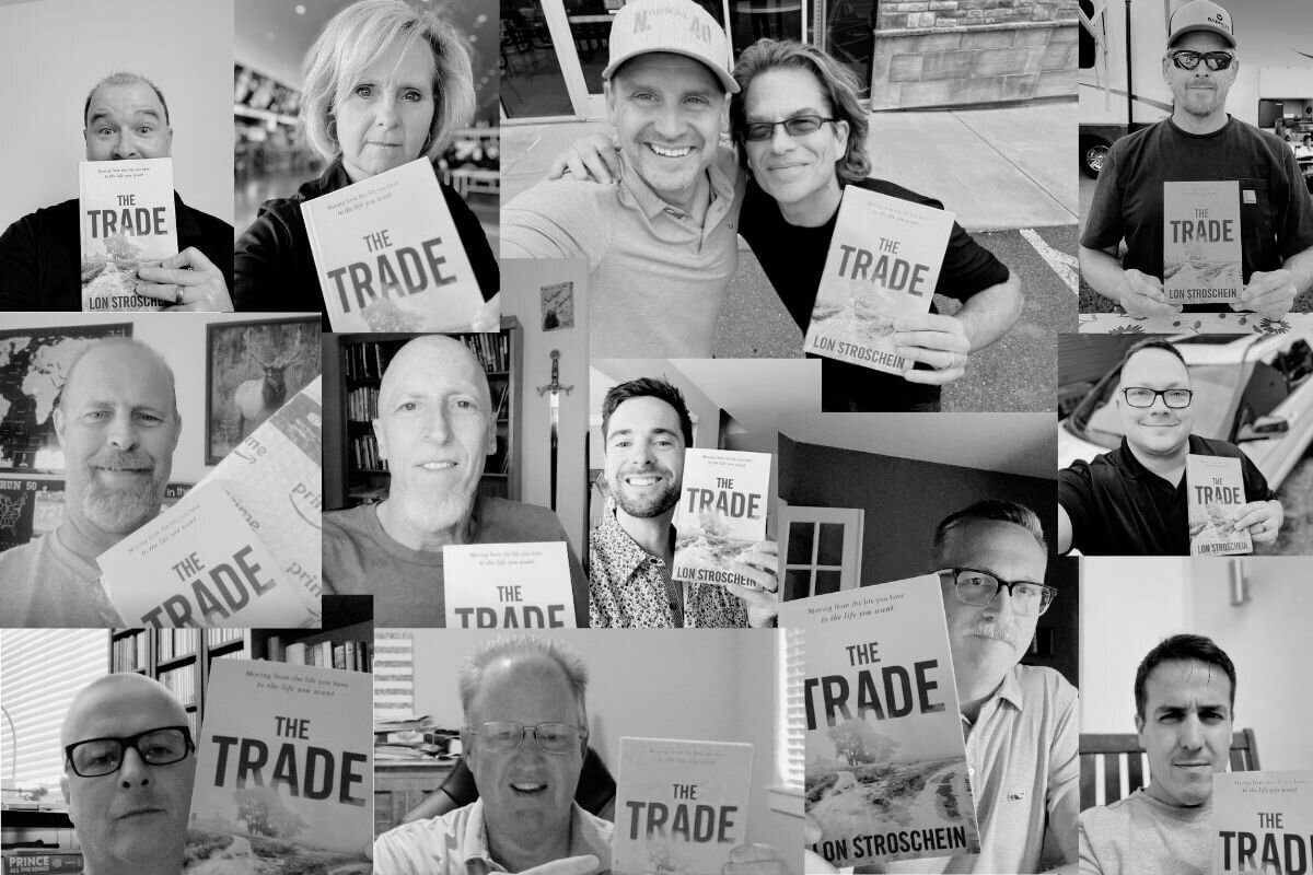 A black and white collage of readers taking a picture with Lon Stroschein's book The Trade 