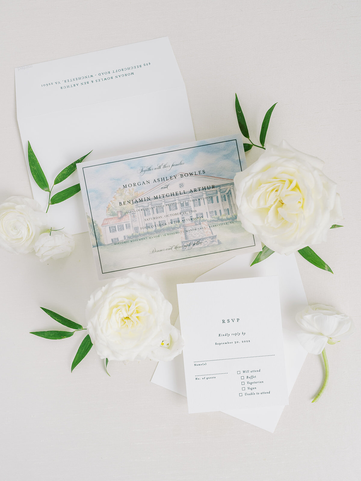 Light and white invitation suite with watercolor drawing