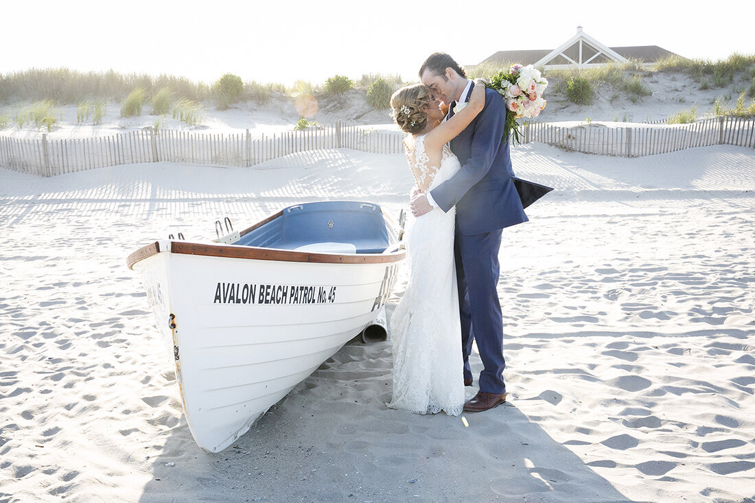 Bride and groom Kiss on NJ Beach at Icon Golden Inn Wedding