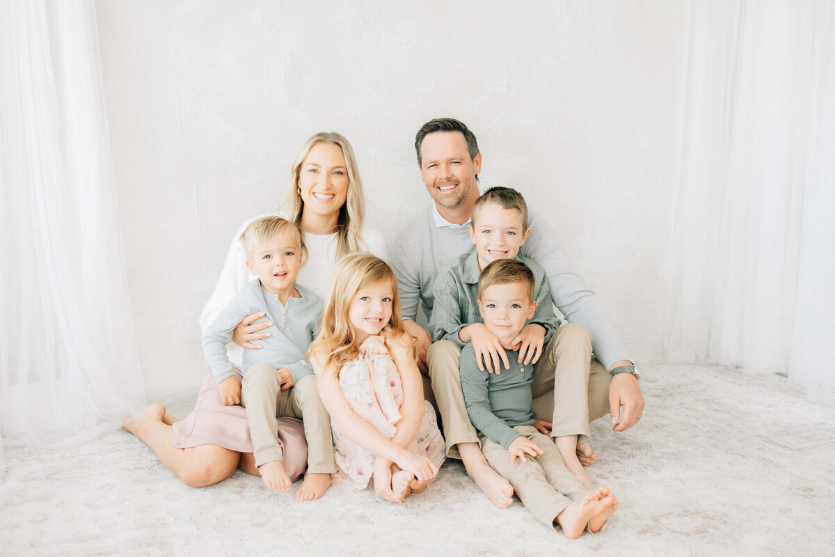 family of six sitting in front of a photographer backdrop in studio