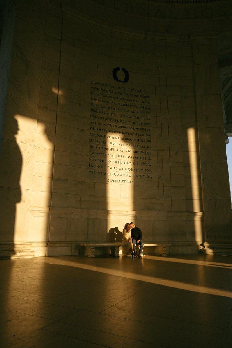 A sunrise engagement session at the Jefferson Memorial