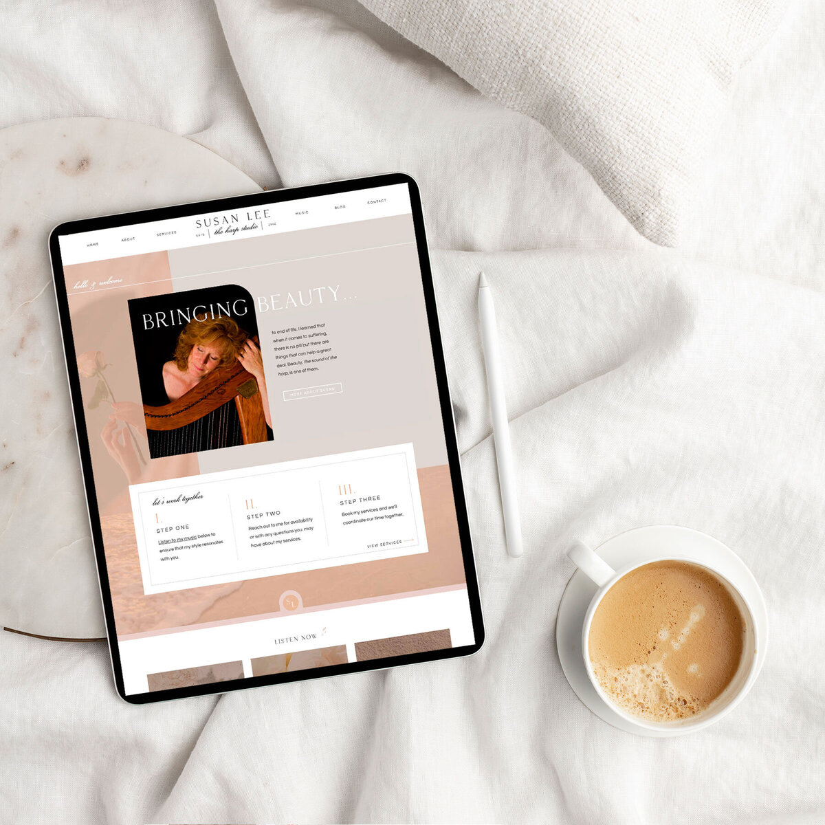 Tour Susan Lee's full website, crafted to elevate her harpist services with creativity and seamless website design solutions for creatives.