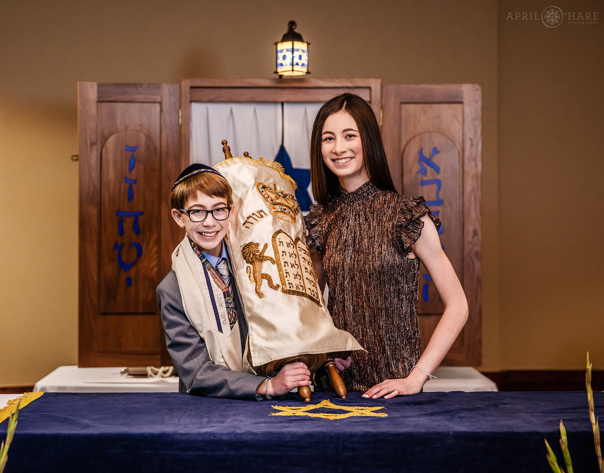 Sibling Portrait with the Torah at a Bar Mitzvah