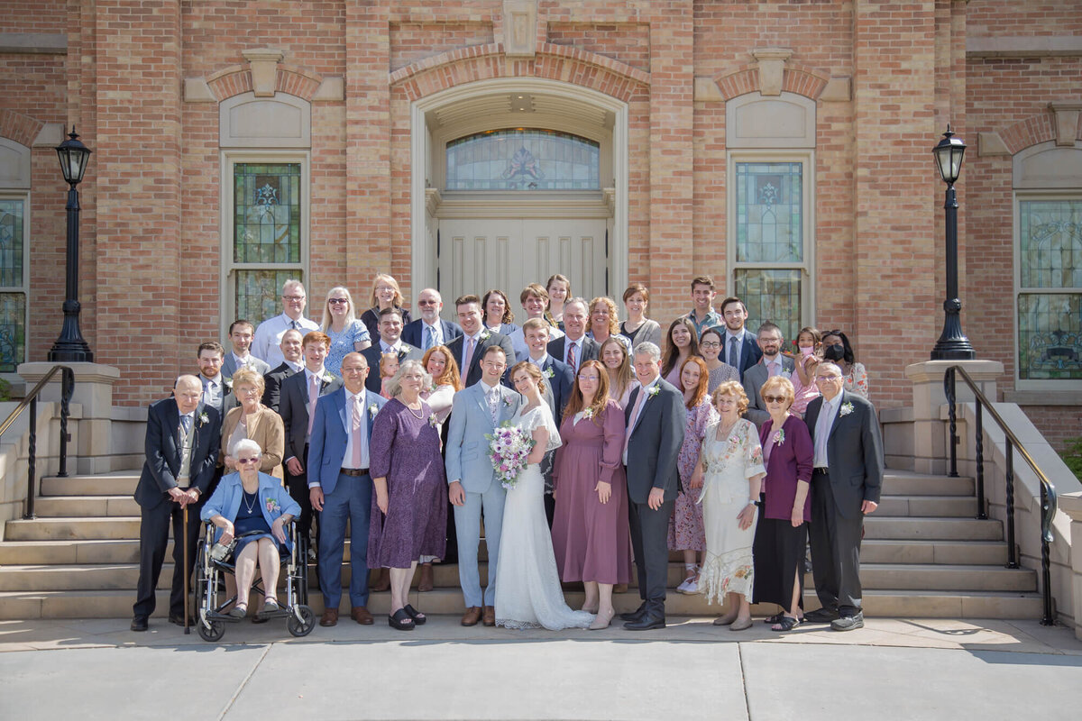 Large group of people on the steps of a brick building