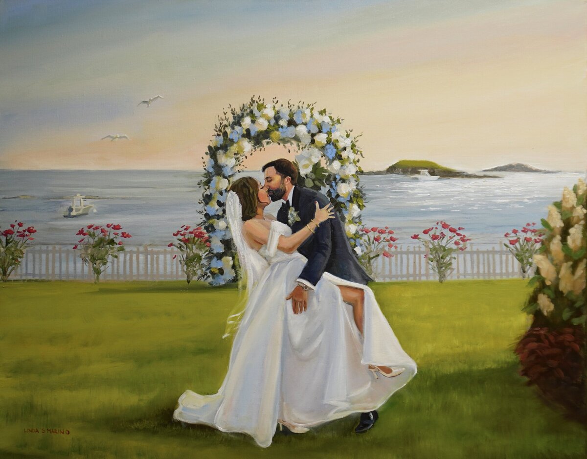 live wedding painting of bride and groom first kiss at outdoor ceremony at Water's Edge in Westbrook CT