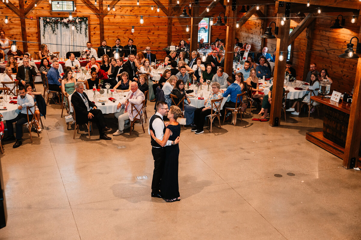 A look down onto the mother son dance at a reception